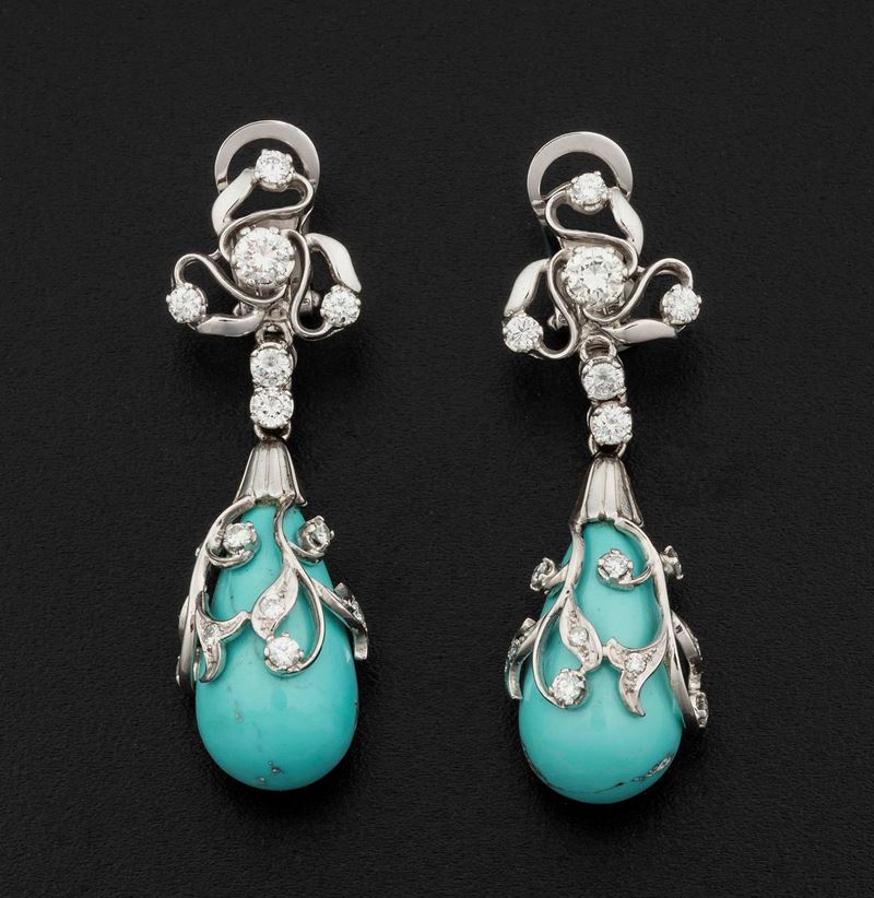 Pair of turquoise and diamond earrings  - Auction Fine Coral Jewels - I - Cambi Casa d'Aste