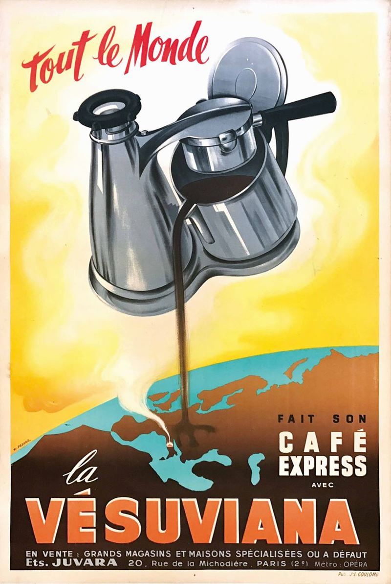Pezeril F. TOUT LE MONDE FAIT SON CAFE’ EXPRESS AVEC LA VESUVIANA  - Auction Vintage Posters - Cambi Casa d'Aste