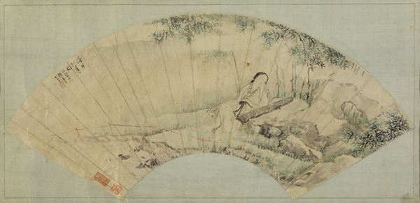 Ventaglio dipinto su carta raffigurante figura femminile assisa tra piante di bambù e iscrizioni entro cornice, Cina, inizio XX secolo