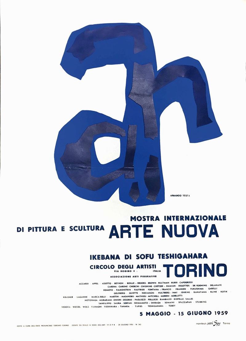 Armando Testa (1917-1992) MOSTRA INTERNAZIONALE DI PITTURA E SCULTURA ARTE NUOVA… TORINO  - Asta Manifesti d'Epoca - Cambi Casa d'Aste