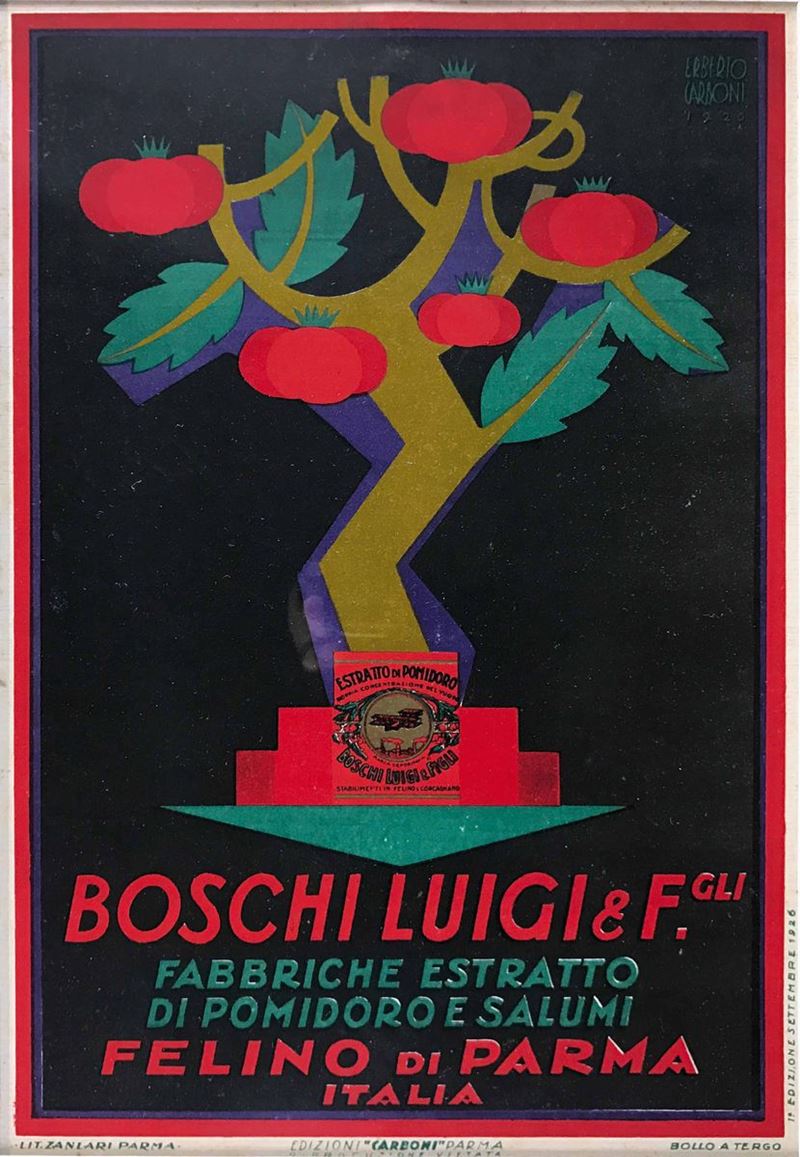 Erberto Carboni (1899 – 1984) BOSCHI LUIGI… FABBRICHE ESTRATTO DI POMODORO E SALUMI – FELINO DI PARMA  - Asta Manifesti d'Epoca - Cambi Casa d'Aste