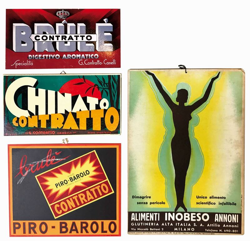 Chiarello and Unknown artists CHINATO CONTRATTO / BRULE’ CONTRATTO / PIRO-BAROLO CONTRATTO / ALIMENTI INOBESO  - Auction Vintage Posters - Cambi Casa d'Aste