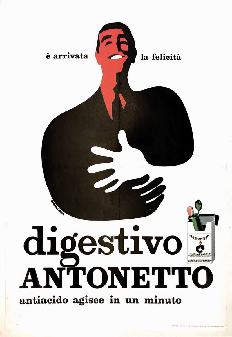 Armando Testa (1917-1992) E’ ARRIVATA LA FELICITA’ DIGESTIVO ANTONETTO  - Auction Vintage Posters - Cambi Casa d'Aste