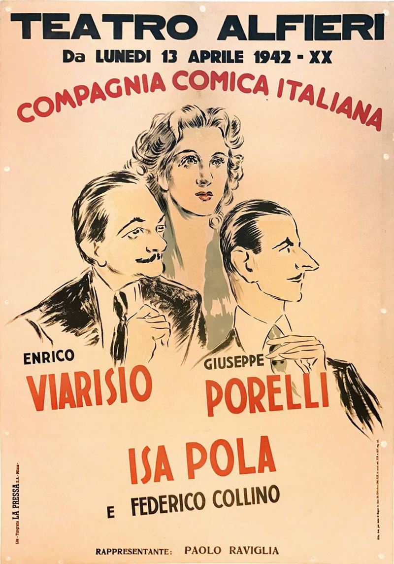 Unknown artist TEATRO ALFIERI / COMPAGNIA COMICA ITALIANA / VIARISIO-PORELLI-POLA  - Auction Vintage Posters - Cambi Casa d'Aste