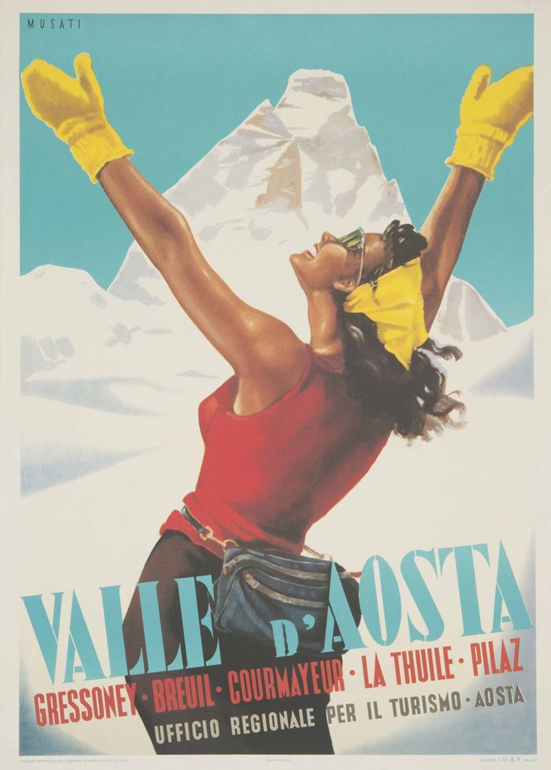 Arnaldo Musati (1916-1988) VALLE D’AOSTA - SCIATRICE  - Auction Vintage Posters - Cambi Casa d'Aste