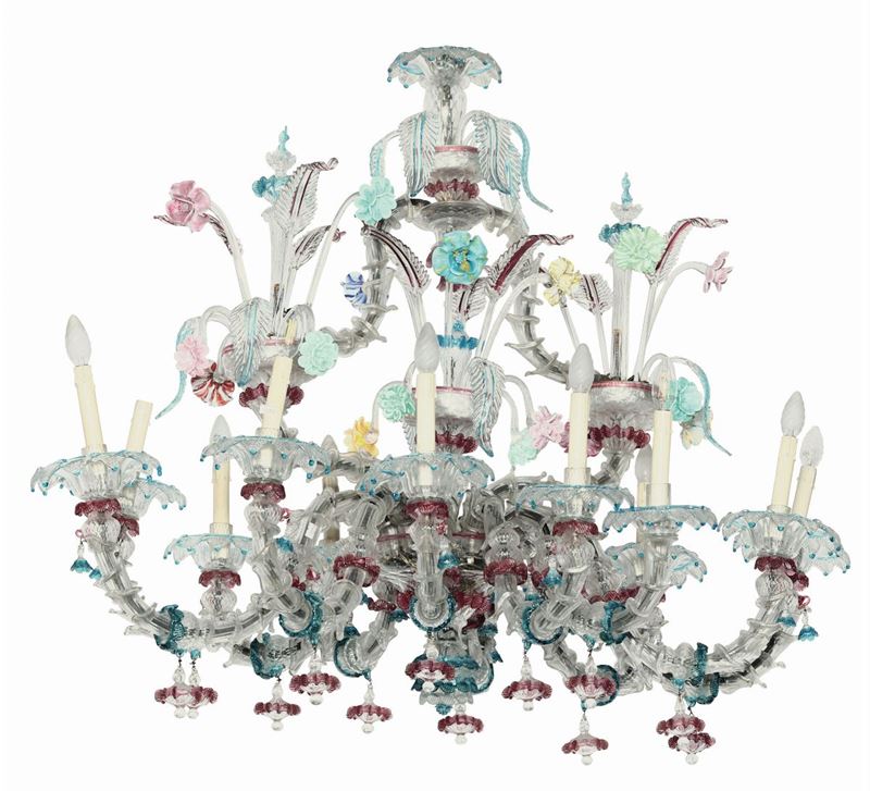 Lampadario in vetro di Murano policromo, XX secolo  - Asta Antiquariato - Cambi Casa d'Aste