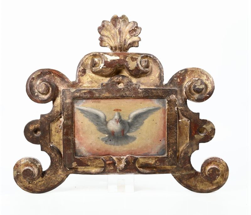 Tavoletta con raffigurazione dello Spirito Santo, in cornice dorata, XVIII secolo  - Asta Ceramiche e Antichità - Cambi Casa d'Aste