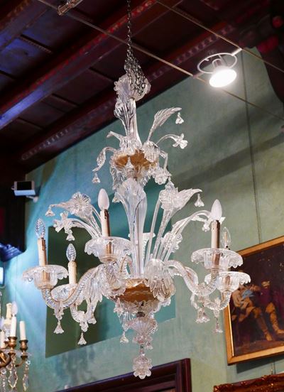 Lampadario a Sei Luci in Vetro Incolore, XX Secolo