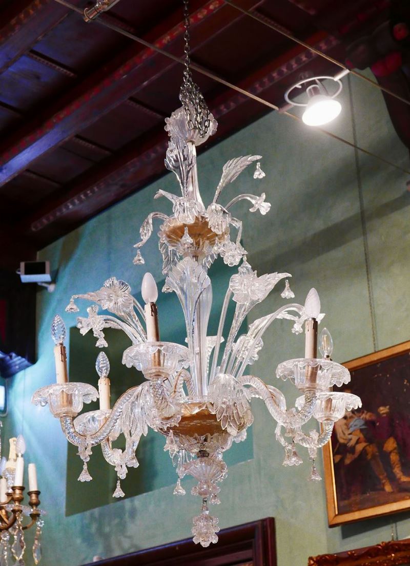 Lampadario a sei luci in vetro incolore, XX secolo  - Asta Arredi - Cambi Casa d'Aste