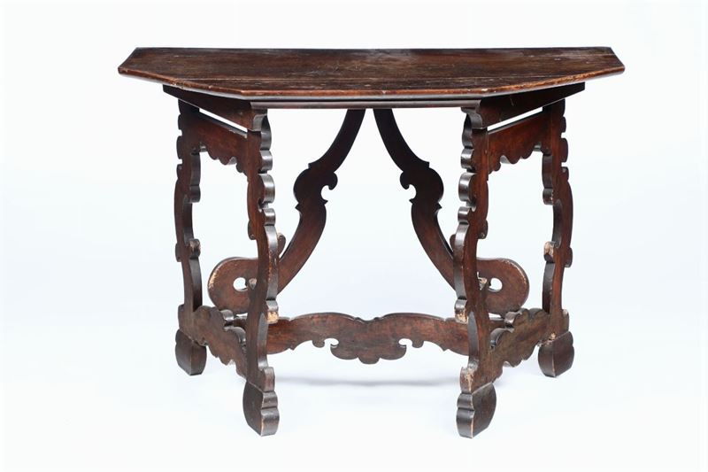 Mezzo tavolo in noce con montanti a lira, XIX-XX secolo  - Asta Arredi - Cambi Casa d'Aste