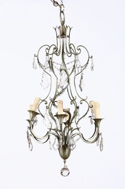 Lampadario in Metallo Dorato e Cristalli