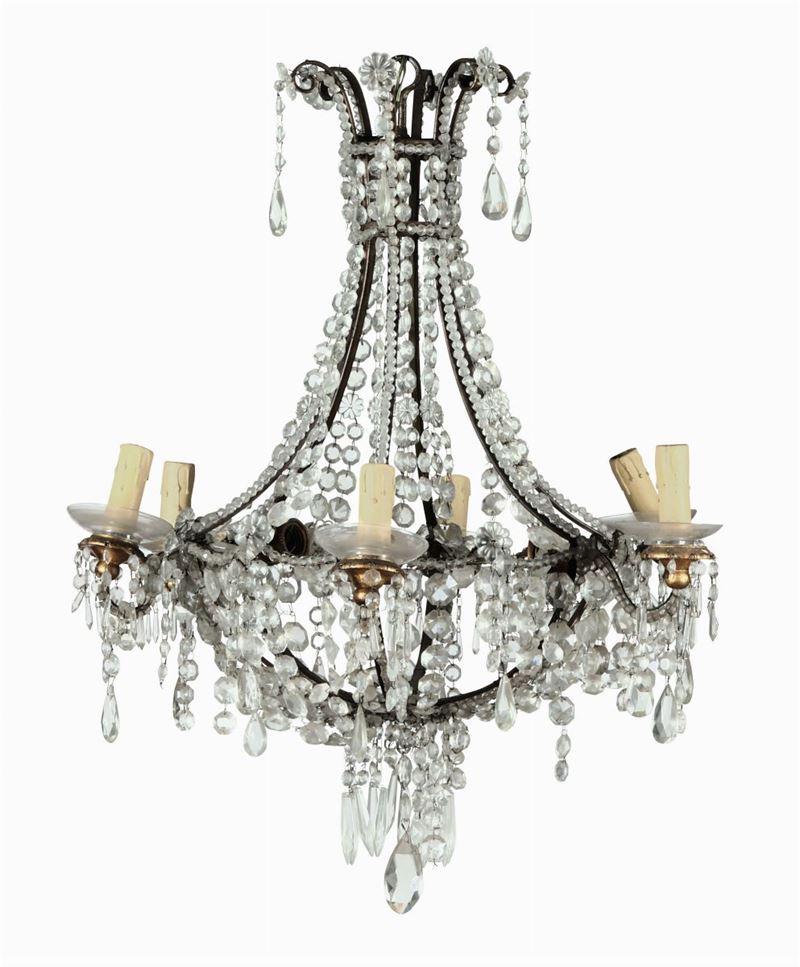 Lampadario a sei luci in metallo e cristalli, XIX secolo  - Asta Antiquariato - Cambi Casa d'Aste