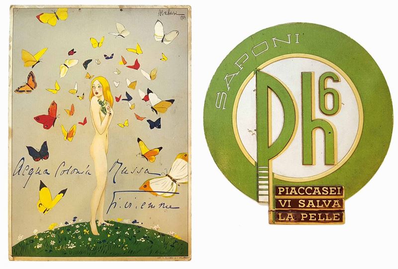 Georgij Georgevic Abchazi (1892-1964) / Unkniwn artist GI.VI.EMME ACQUA COLONIA MUSSA / SAPONI PH6, PIACCASEI VI SALVA LA PELLE  - Auction Vintage Posters - Cambi Casa d'Aste