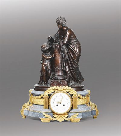 Pendola da Camino Neoclassica in Marmo, Bronzo Patinato e Bronzo Dorato, Denière a Paris