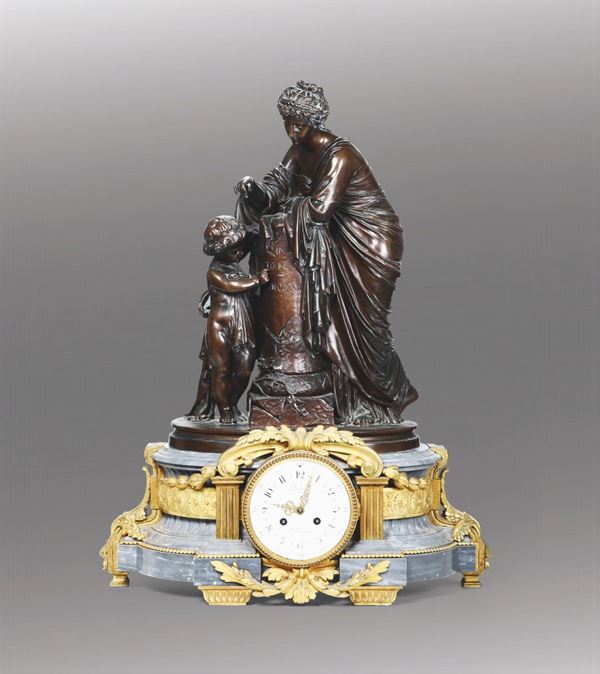 Pendola da camino neoclassica in marmo, bronzo patinato e bronzo dorato, Denière a Paris
