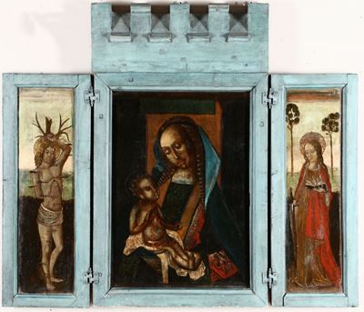 Scuola Dell'italia Settentrionale della Fine del XIX Secolotrittico Raffigurante Madonna con Bamb...