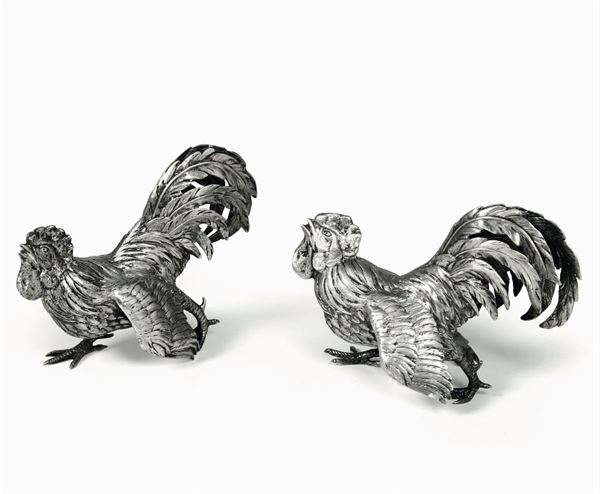 Coppia di galli in argento 800. Manifattura italiana del XX secolo