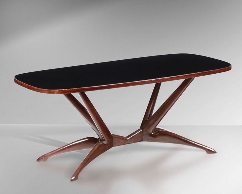 Tavolo con struttura in legno e piano in vetro colorato.  - Asta Design - Cambi Casa d'Aste