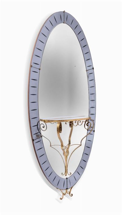 Specchiera con Struttura in Legno, Metallo Dorato e Ottone. Cornice in Cristallo Colorato Specchi...
