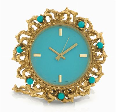 Anonimo. Piccolo Orologio da Scrivania, al Quarzo, in Oro Giallo 18k con Turchesi. Realizzato nel...