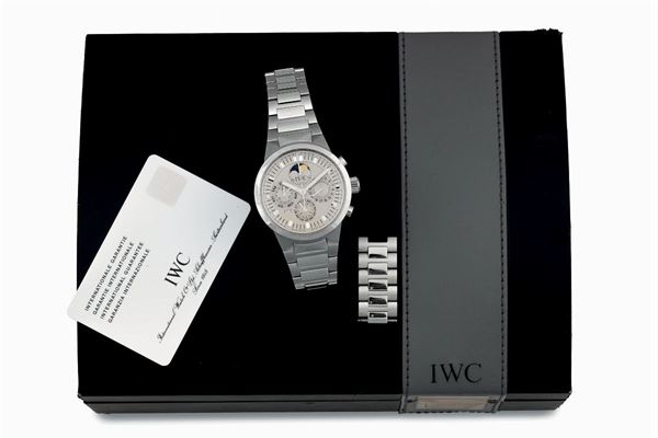 IWC, International Watch Co., Schaffhausen,  GST - Chronograph Perpetual Calendar,  case No. 2888630, Ref. 3756. Sold in 2002. Fine, self-winding, water-resistant, stainless steel wristwatch with round button chronograph, registers, secular perpetual calendar, moon phases and a stainless IWC bracelet with deployant clasp. Accompanied by a fitted box, instruction booklet, guarantee, extra links (x 4), additional calendar insert