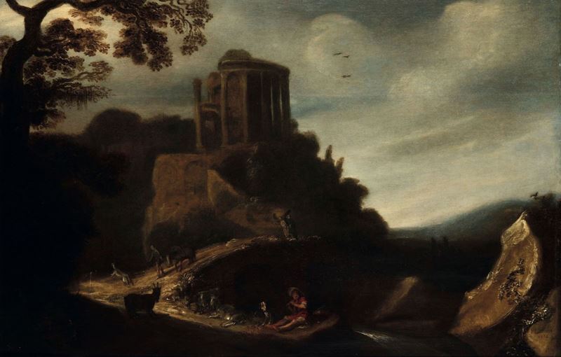 Pieter Lastman (1583-1633) Paesaggio con Tobia e l'Angelo  - Asta Antiquariato - Cambi Casa d'Aste