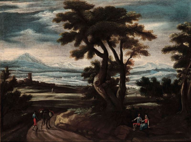 Scuola Italiana del XVII-XVIII secolo Paesaggio con viandanti  - Asta Antiquariato - Cambi Casa d'Aste