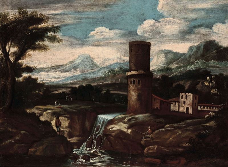 Scuola Italiana del XVII-XVIII secolo Paesaggio con torretta  - Auction Fine Art - Cambi Casa d'Aste