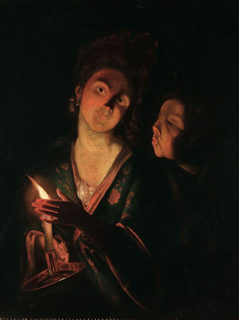 Arnold Boonen (Dordrecht 1669 - Amsterdam 1729), ambito di Donna con bambino al lume di candela  - Asta Antiquariato - Cambi Casa d'Aste