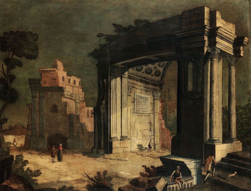 Scuola Italiana del XVIII secolo Veduta ideata con rovine  - Asta Antiquariato - Cambi Casa d'Aste