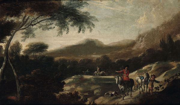 Scuola romana del XVII secolo Paesaggio con personaggi a cavallo