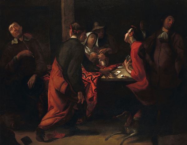 Jacobus Josephus Eeckhout (1793 - 1861), ambito di Scena di interno con giocatori di carte