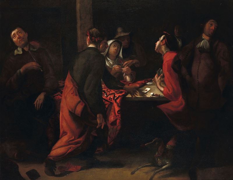 Jacobus Josephus Eeckhout (1793 - 1861), ambito di Scena di interno con giocatori di carte  - Asta Antiquariato - Cambi Casa d'Aste