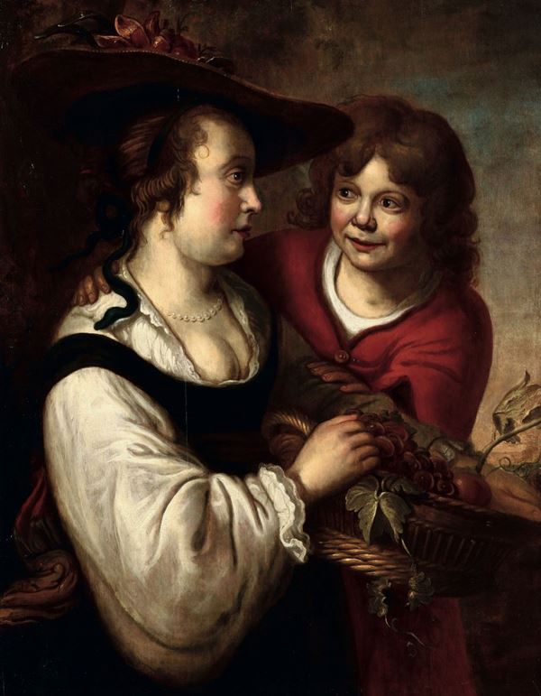 Jan Van Noordt (1623/24 - 1676/86) Coppia di giovani con cesto di frutta
