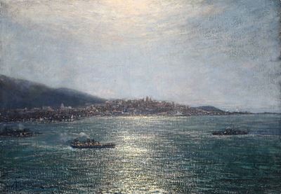 Andrea Figari (1858 - 1945)notturno di Genova con Basilica di Carignano sul Fondo