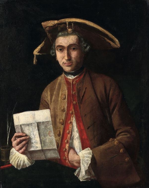 Scuola napoletana del XVIII secolo Ritratto di gentiluomo con lettera e calamaio