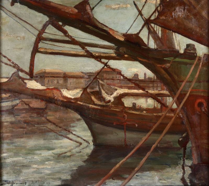 Ottavio Steffenini (1889 - 1971) Nel porto di Savona  - Asta Antiquariato - Cambi Casa d'Aste