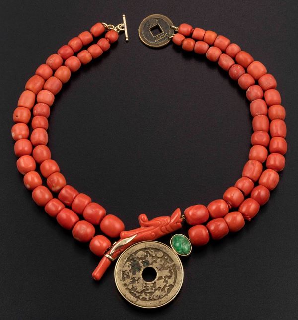 Coral necklace with coins