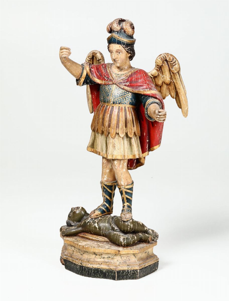 San Michele Arcangelo, Scultura in Legno Policromo, Italia XVIII Secolo