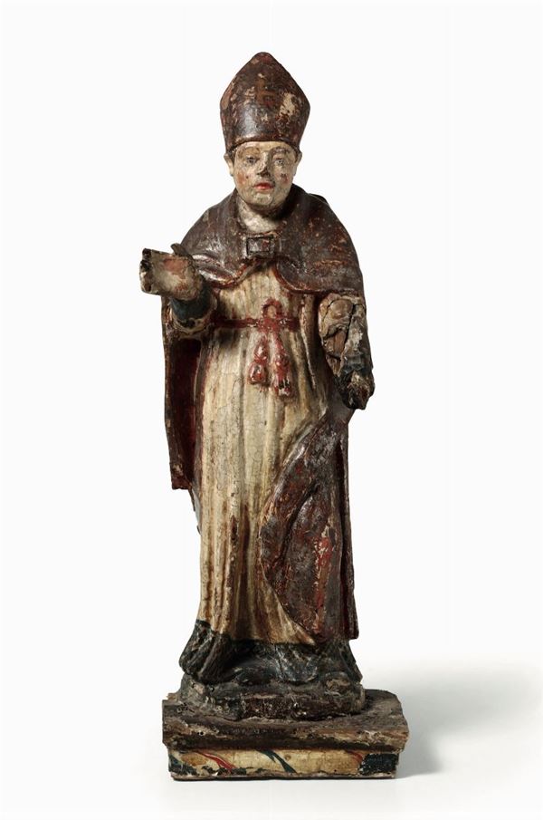 Santo Vescovo in legno policromo, arte Italiana del XVI-XVII secolo