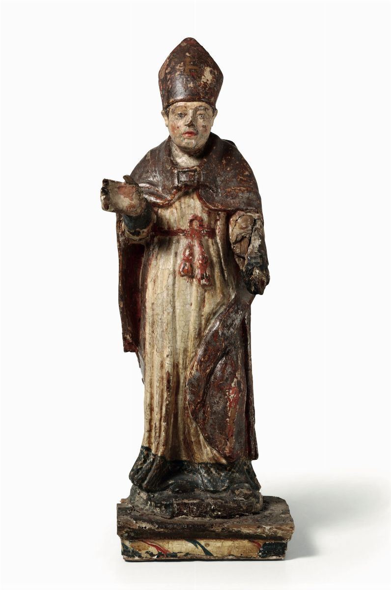 Santo Vescovo in legno policromo, arte Italiana del XVI-XVII secolo  - Asta Antiquariato - Cambi Casa d'Aste