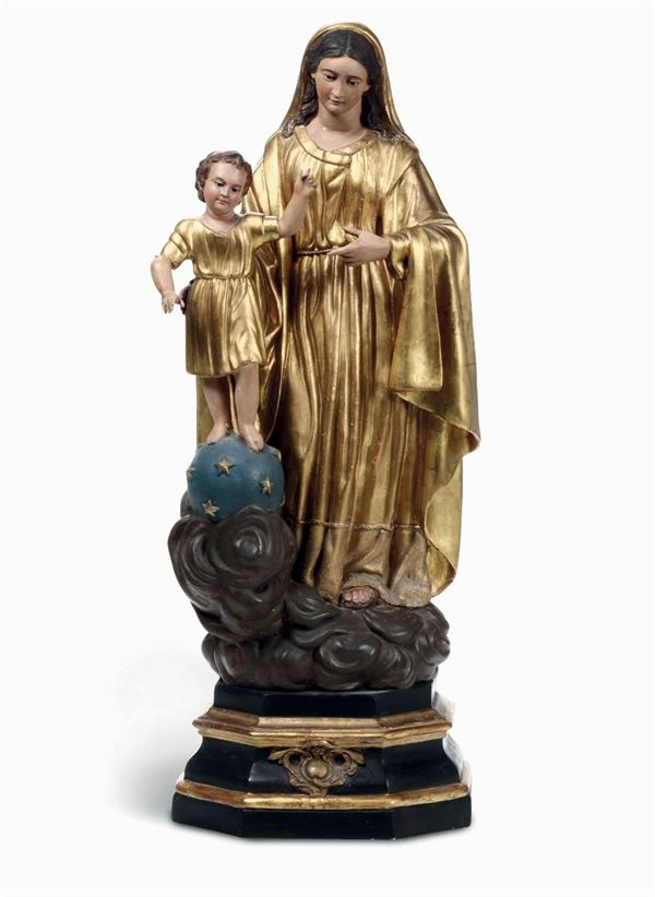 Madonna con Bambino, scultura in cartapesta policroma e dorata, arte italiana del XIX-XX secolo