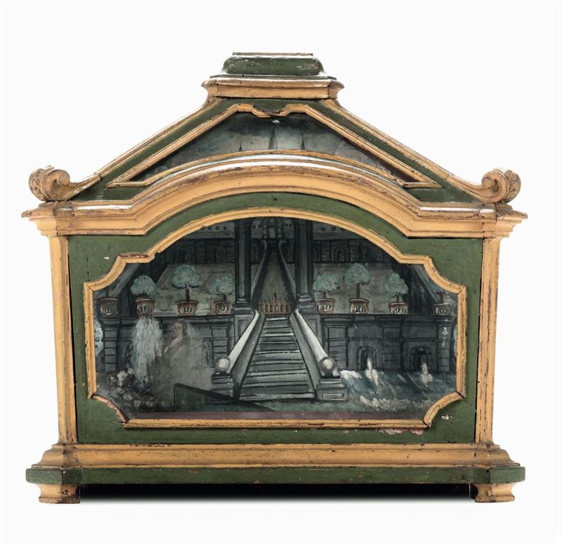 Teca laccata con con disegno architettonico all’interno, XVIII-XIX secolo  - Asta Antiquariato - Cambi Casa d'Aste