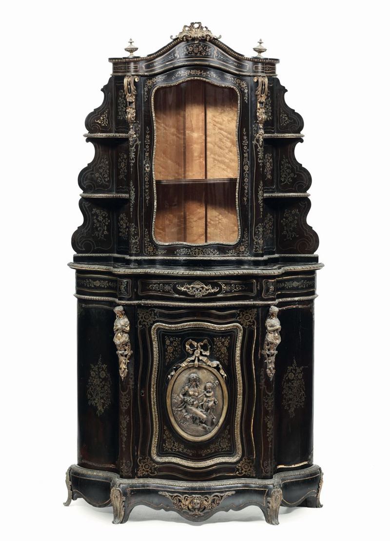 Credenza Napoleone III a due corpi in legno ebanizzato e decoro in bronzo e metallo dorato di gusto Boulle, Francia XIX secolo  - Auction Fine Art - Cambi Casa d'Aste