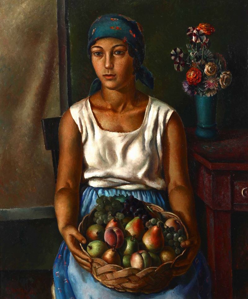 Emanuele Rambaldi (1903-1968) Figura femminile con cesto di frutta, 1929  - Asta Dipinti del XIX e XX secolo - Cambi Casa d'Aste