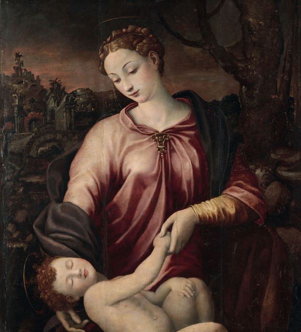 Scuola fiorentina del XVI secolo Madonna con Bambino e rovine sullo sfondo