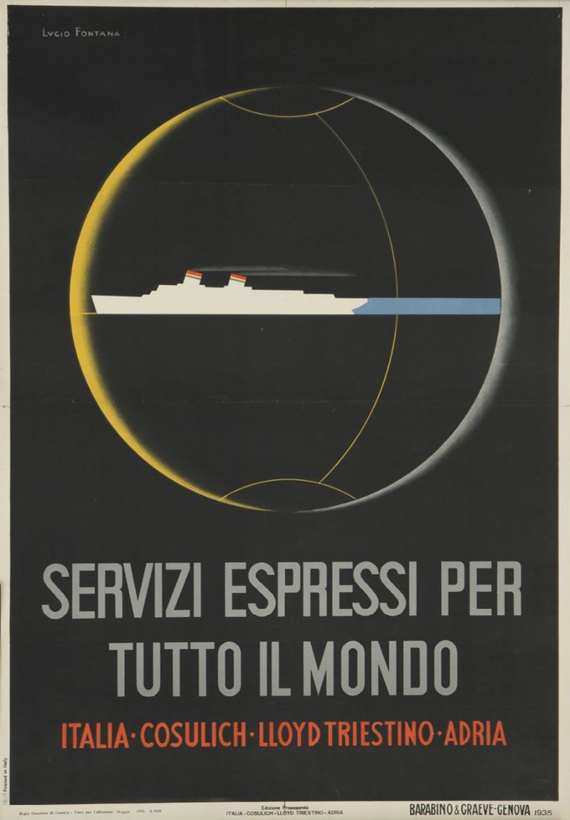 Lucio Fontana (1899-1968) SERVIZI ESPRESSI PER TUTTO IL MONDO ITALIA COSULICH – LLOYD TRIESTINO – ADRIA  - Auction Vintage Posters - Cambi Casa d'Aste