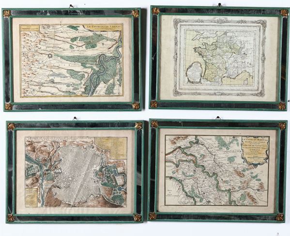 Lotto di 4 stampe raffiguranti carte geografiche in cornici