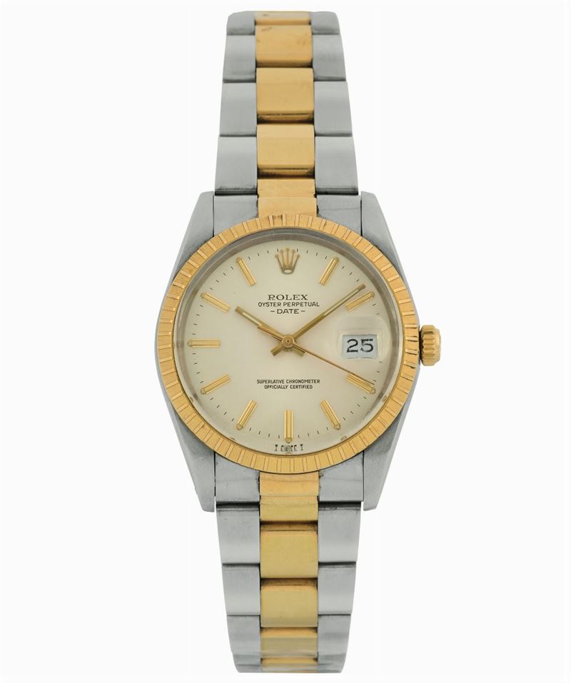 Rolex,  Oyster Perpetual, Date ,  Ref. 15053.  Fine, water-resistant, center seconds, self-winding, stainless steel and 18K yellow gold wristwatch with date and a stainless steel and 18K yellow gold Oyster bracelet with deployant clasp. Made circa 1977. Accompanied by the original box  - Auction wrist and pocket watches - Cambi Casa d'Aste