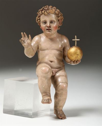 Salvator Mundi in Terracotta Dipinta e Dorata. Occhi in Vetro. Plasticatore Barocco del XVII-XVII...